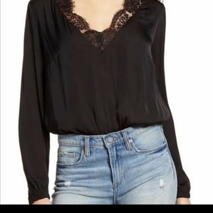 Socialite Black Satin Bodysuit w Lace Detail Vneck